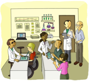 Ilustração de um laboratório com 7 pessoas. Do lado esquerdo uma pessoa cega vestida de branco acompanha os testes de um jovem tetraplégico em testes em um tablet. Na mesa ao lado três pessoas conversam olhando para um celular, representando testes no dispositivo. De pé estão duas pessoas, como pesquisadores acompanhando os testes feitos no laboratório.