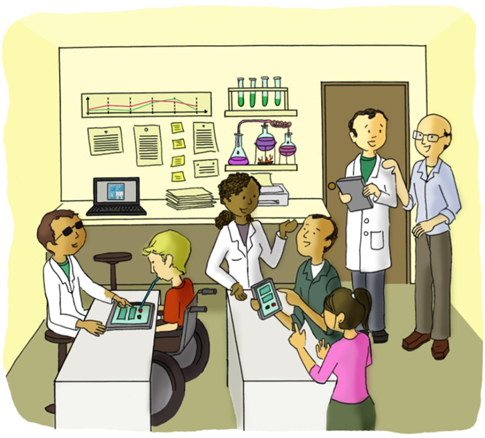 Ilustração de um laboratório com 7 pessoas. Do lado esquerdo uma pessoa cega vestida de branco acompanha os testes de um jovem tetraplégico em testes em um tablet. Na mesa ao lado três pessoas conversam olhando para um celular, representando testes no dispositivo. De pé estão duas pessoas, como pesquisadores acompanhando os testes feitos no laboratório.