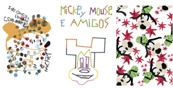 Exemplos de criações das campanha, com colagens que reproduzem o rosto dos personagens Mickey e Pateta